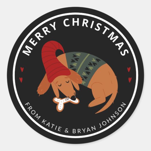 かわいいクリスマス眠り犬カスタマイズ ラウンドシール (正面)