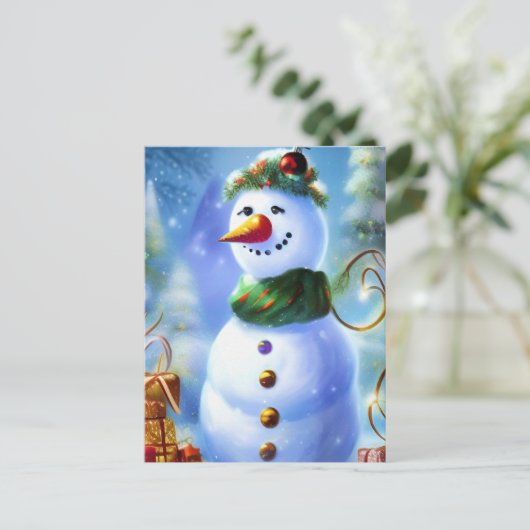かわいいクリスマス雪だるまとプレゼント ポストカード (スタンド正面)