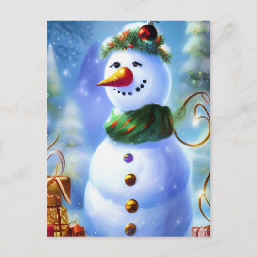 かわいいクリスマス雪だるまとプレゼント ポストカード (正面)