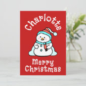 かわいいクリスマス雪だるまと名前 | 赤いクリスマス シーズンカード (スタンド正面)