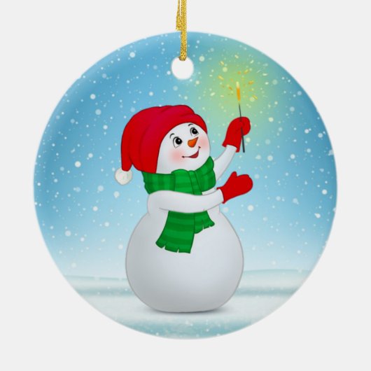 かわいいクリスマス雪だるまと雪片 セラミックオーナメント (裏面)