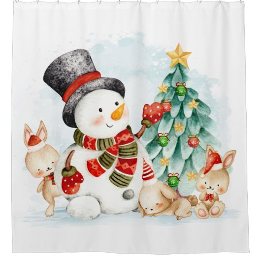 かわいいクリスマス雪だるまバンニーズアンドツリー シャワーカーテン (正面)