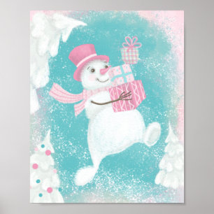 かわいいクリスマス雪だるまピンク&ミント ポスター
