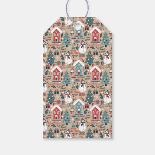 かわいいクリスマス雪だるま、クリスマスツリー ギフトタグ (正面)