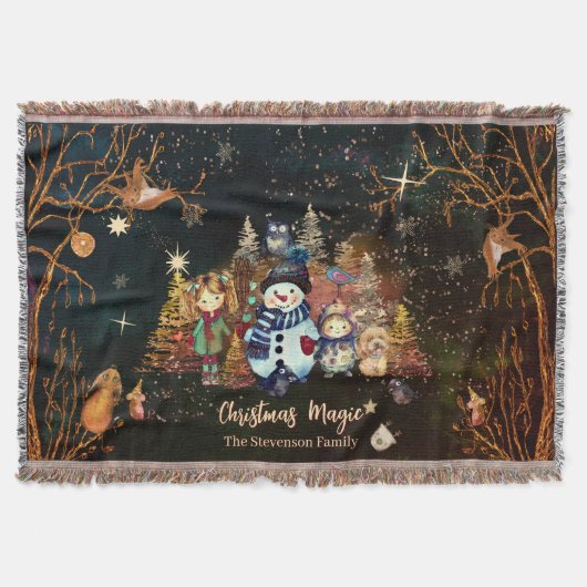 かわいいクリスマス魔法ブラックグリーン スローブランケット (正面)