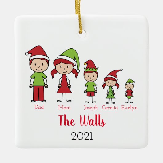 かわいいクリスマス5人の家族パーソナライズされた セラミックオーナメント (正面)