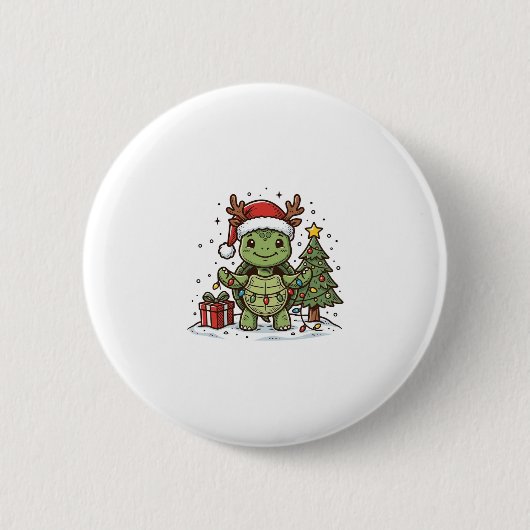かわいいクリスマス カメ レトロ風 彫刻Tシャツ デザイン 缶バッジ (正面)