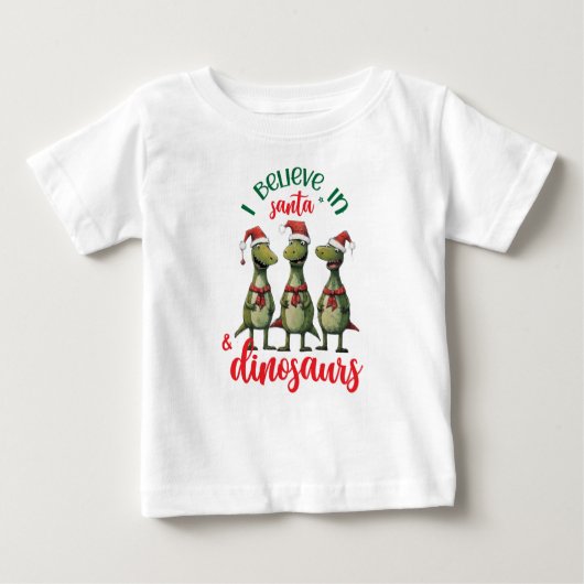 かわいいクリスマス サンタと恐竜を信じてる ベビーTシャツ (正面)