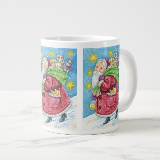 かわいいクリスマス サンタクロースと子猫と猫たち! ジャンボコーヒーマグカップ (正面右)