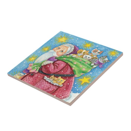 かわいいクリスマス サンタクロースと子猫と猫たち！ タイル (側面)