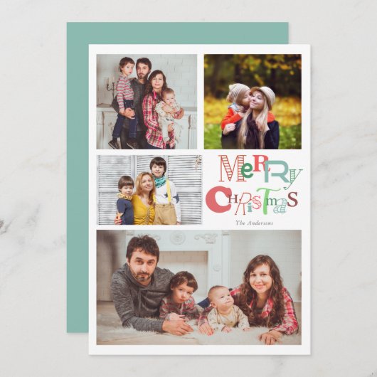 かわいいクリスマス タイポグラフィー 4 枚の写真のコラージュ 招待状 (正面/裏面)