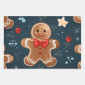 かわいいクリスマス ブルーとレッドのジンジャーブレッド パターン ラッピングペーパーシート (正面3)