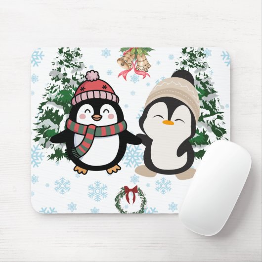 かわいいクリスマス ペンギン カップル マウスパッド (マウス)