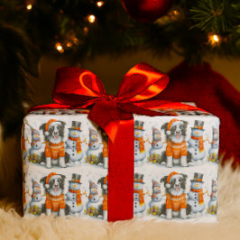 かわいいクリスマス・ボーダー・コリー犬と雪だるま ラッピングペーパー