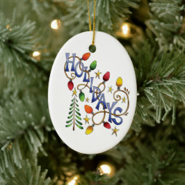 かわいいクリスマス ライトと星のホリデーテキスト セラミックオーナメント