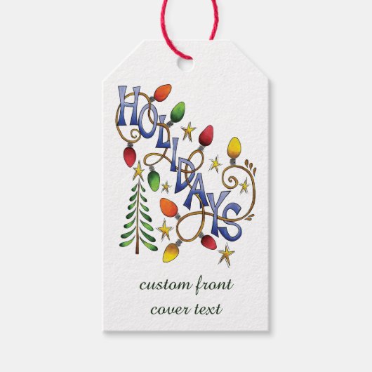 かわいいクリスマス、ライト&スターズウィズホリデー文字 ギフトタグ (正面)