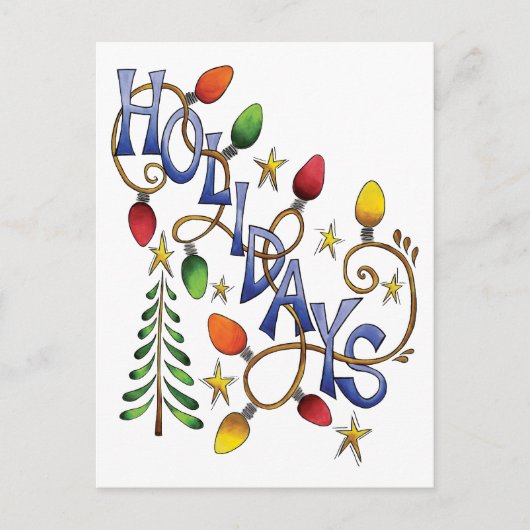 かわいいクリスマス、ライト&スターズウィズホリデー文字 シーズンポストカード (正面)