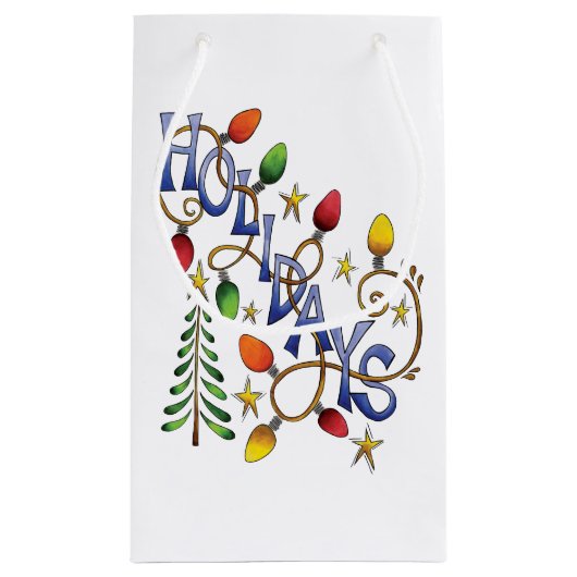 かわいいクリスマス、ライト&スターズウィズホリデー文字 スモールペーパーバッグ (裏面)
