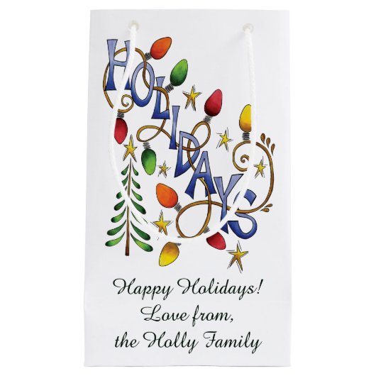 かわいいクリスマス、ライト&スターズウィズホリデー文字 スモールペーパーバッグ (正面)