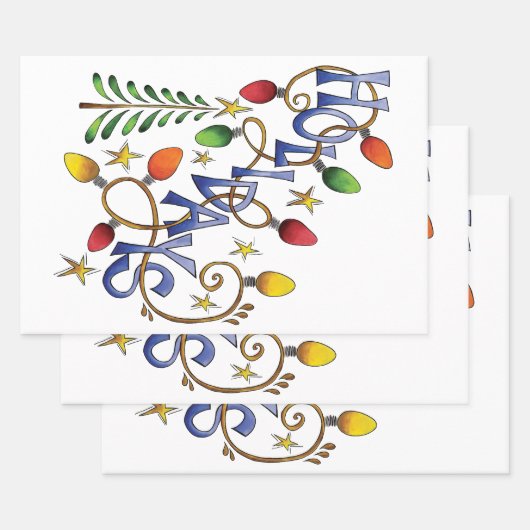 かわいいクリスマス、ライト&スターズウィズホリデー文字 ラッピングペーパーシート (セット)