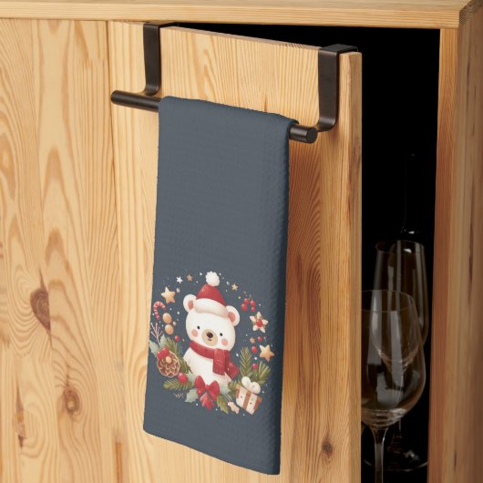 かわいいクリスマス/冬のクマのリース キッチンタオル (三つ折り)