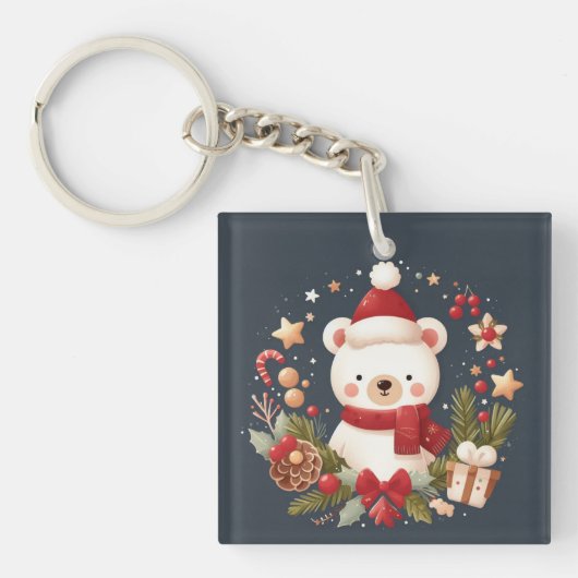 かわいいクリスマス/冬のクマのリース キーホルダー (正面)