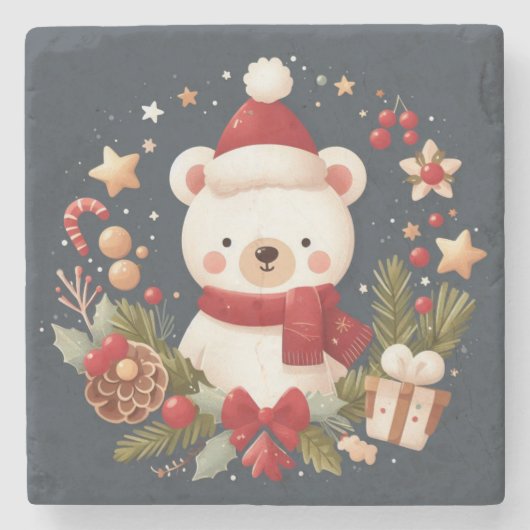 かわいいクリスマス/冬のクマのリース ストーンコースター (正面)