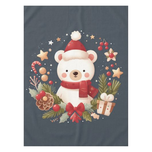 かわいいクリスマス/冬のクマのリース テーブルクロス (正面)