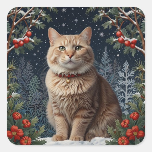 かわいいクリスマス 子猫 冬の休日 常緑樹 スクエアシール (正面)
