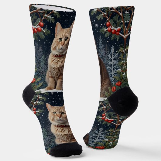 かわいいクリスマス+子猫+冬の休日+常緑樹 ソックス (傾斜あり)