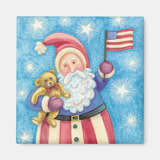 かわいいクリスマス、愛国的なサンタクロースと国旗 マグネット (正面)