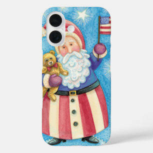 かわいいクリスマス、愛国的なサンタクロースと国旗 iPhone 16ケース