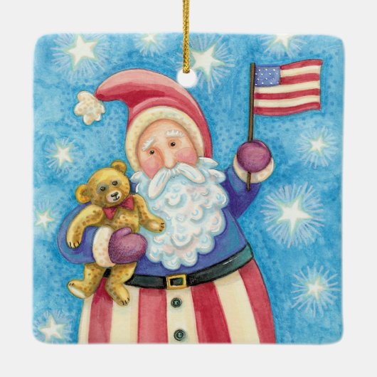 かわいいクリスマス、愛国的なサンタクロース国旗 セラミックオーナメント (裏面)
