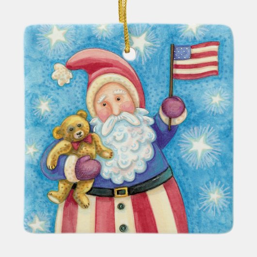かわいいクリスマス、愛国的なサンタクロース国旗 セラミックオーナメント (正面)