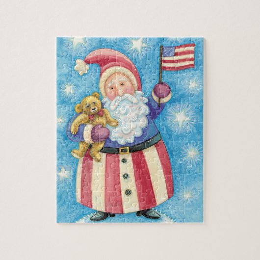 かわいいクリスマス 愛国的な国旗を掲げるサンタクロース ジグソーパズル (縦)