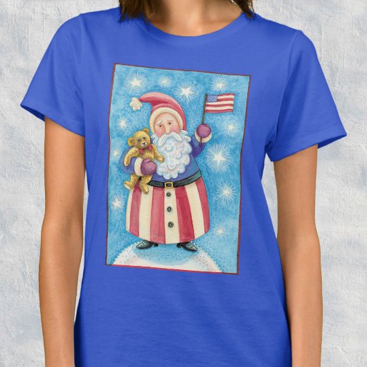 かわいいクリスマス、星条旗を持つ愛国サンタクロース Tシャツ