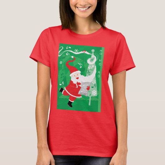 かわいいクリスマス、歌って踊るサンタクロース Tシャツ (正面)