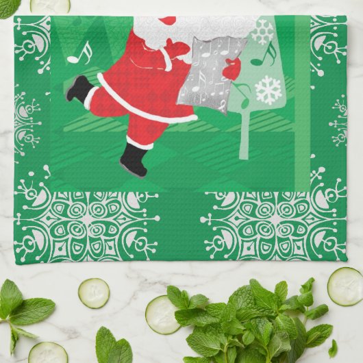 かわいいクリスマス、歌と踊りサンタクロース キッチンタオル (折り畳み)