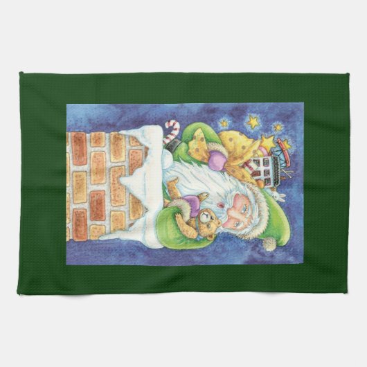 かわいいクリスマス、煙突にサンタクロースとおもちゃ キッチンタオル (横)