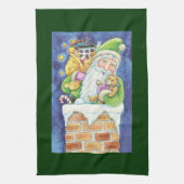 かわいいクリスマス、煙突にサンタクロースとおもちゃ キッチンタオル (縦)