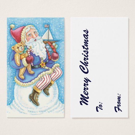 かわいいクリスマス、雪玉に座るサンタクロースとおもちゃ (正面&裏面)