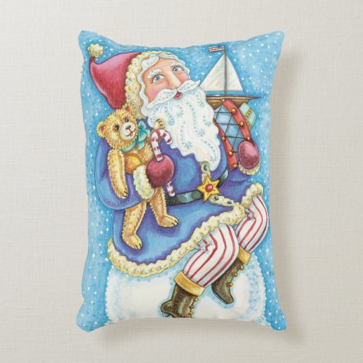 かわいいクリスマス、雪玉に座るサンタクロースとおもちゃ アクセントクッション (正面(垂直))
