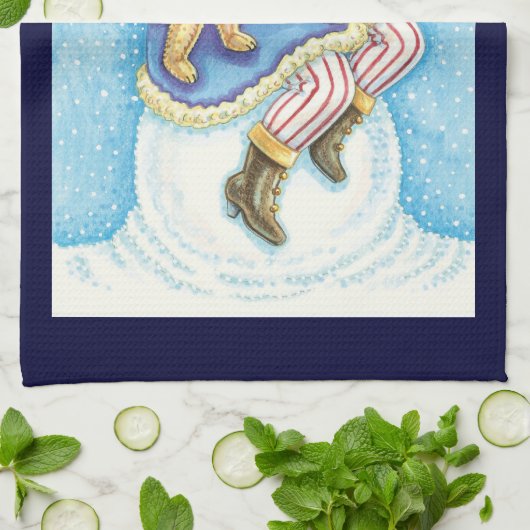 かわいいクリスマス、雪玉に座るサンタクロースとおもちゃ キッチンタオル (折り畳み)