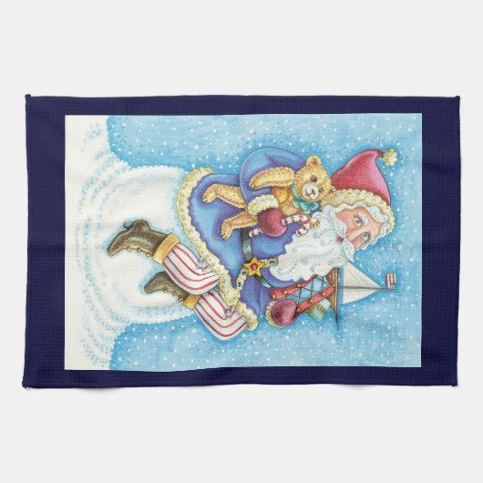かわいいクリスマス、雪玉に座るサンタクロースとおもちゃ キッチンタオル (横)