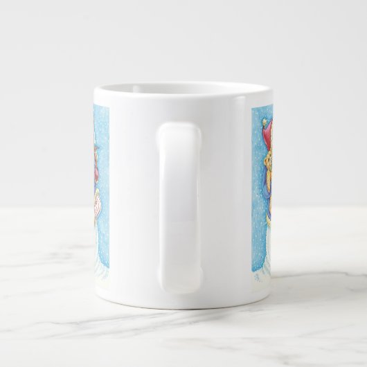 かわいいクリスマス、雪玉に座るサンタクロースとおもちゃ ジャンボコーヒーマグカップ (裏面)