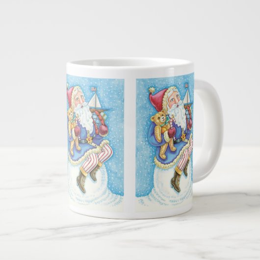 かわいいクリスマス、雪玉に座るサンタクロースとおもちゃ ジャンボコーヒーマグカップ (正面右)