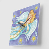 かわいいクリスマス、音楽を演奏する天使がホルンを吹く スクエア壁時計 (傾斜)