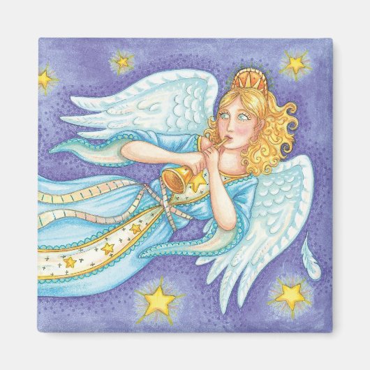 かわいいクリスマス、音楽を演奏する天使がホルンを吹く マグネット (正面)