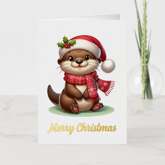かわいいクリスマスotter 箔グリーティングカード (正面)