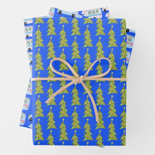 かわいいクリスマスRVキャンパーツリーズモーターホームズホリデーブルー ラッピングペーパーシート (インサイチュ)
